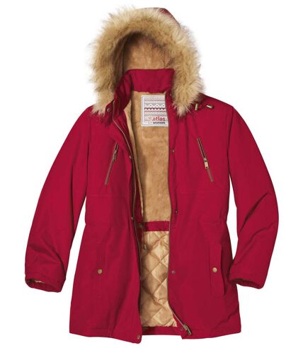 Women's Red Parka with Faux-Fur Hood - Water-Repellent 