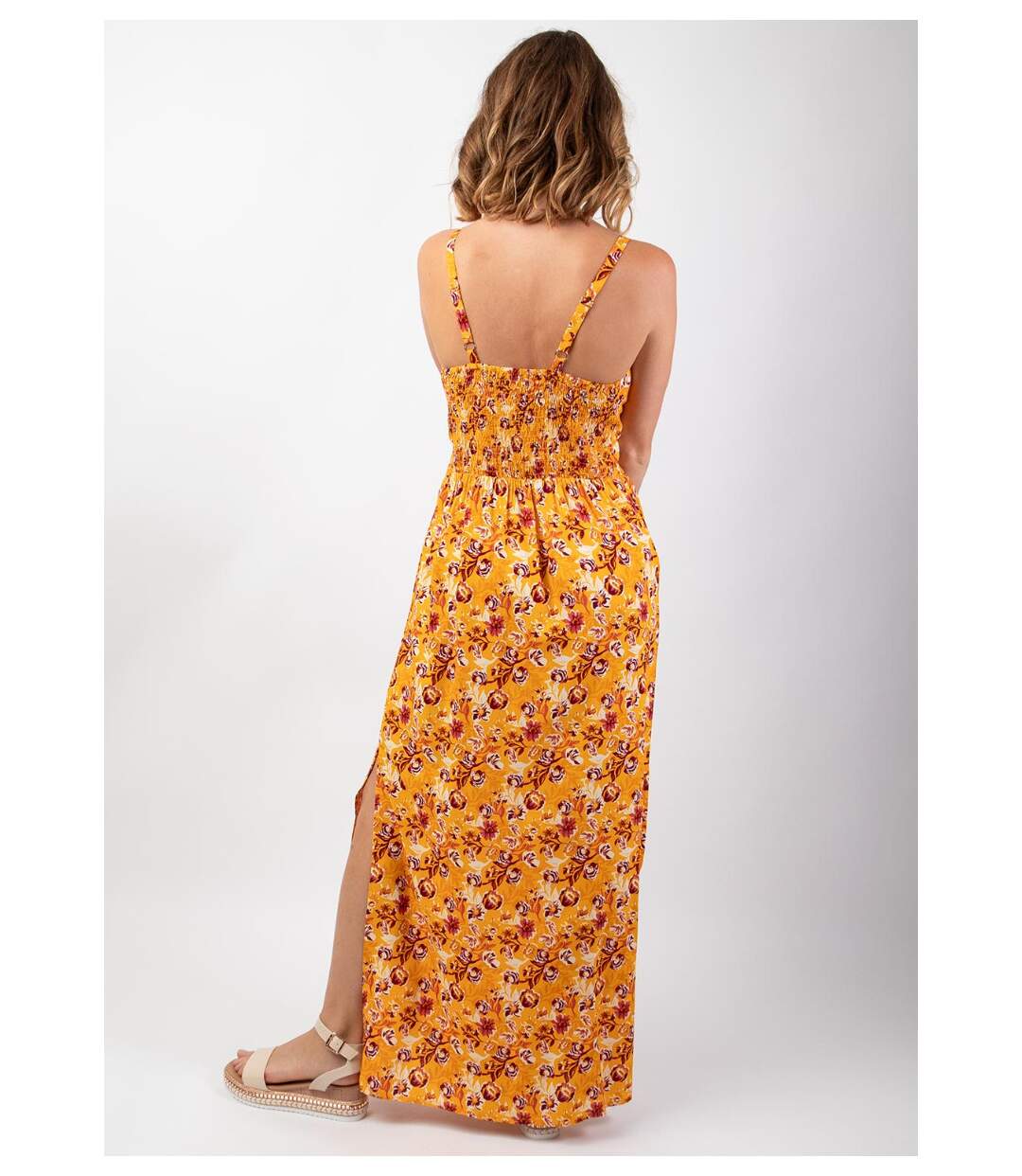 Robe longue femme été fluide GLORIA imprimé fleurs sur fond jaune Coton Du Monde-4