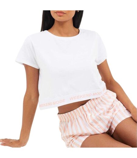 Ensemble De Pyjama Court Motif/style À Rayures Weekend Mode Femme Blanc Corail Brave Soul