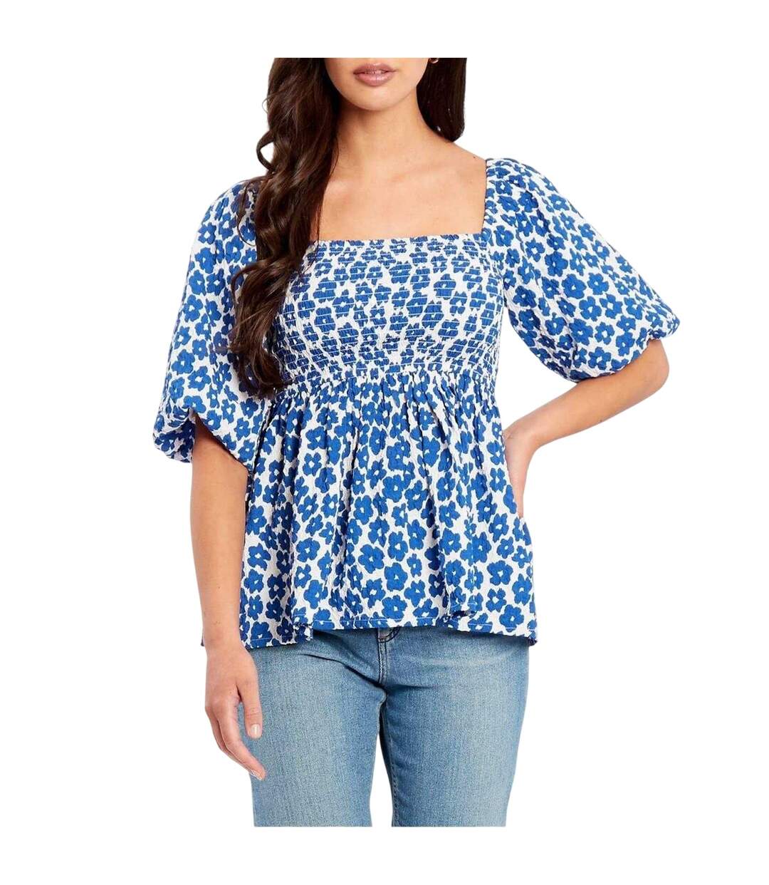 Blouse Manches Bouffantes Femme Bleu Marine Blanc Be You-2