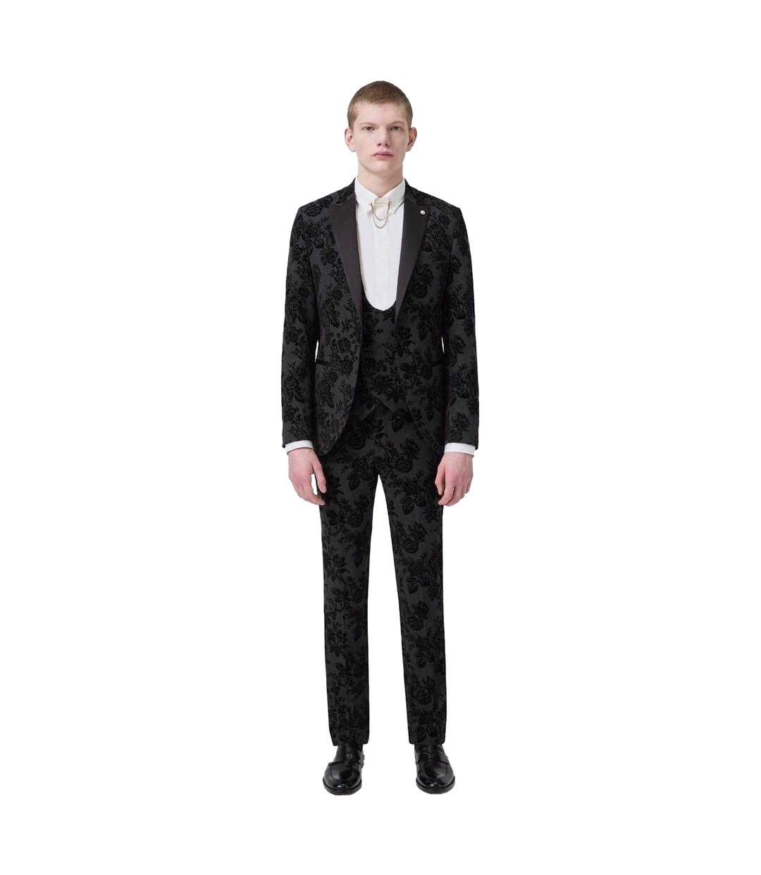 Mens Floral Embroidery Wool Blend Skinny Waistcoat Charcoal Twisted Tailor-1