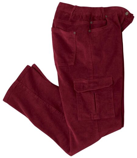 Men's Burgundy Corduroy Cargo Trousers - Elasticated Waist