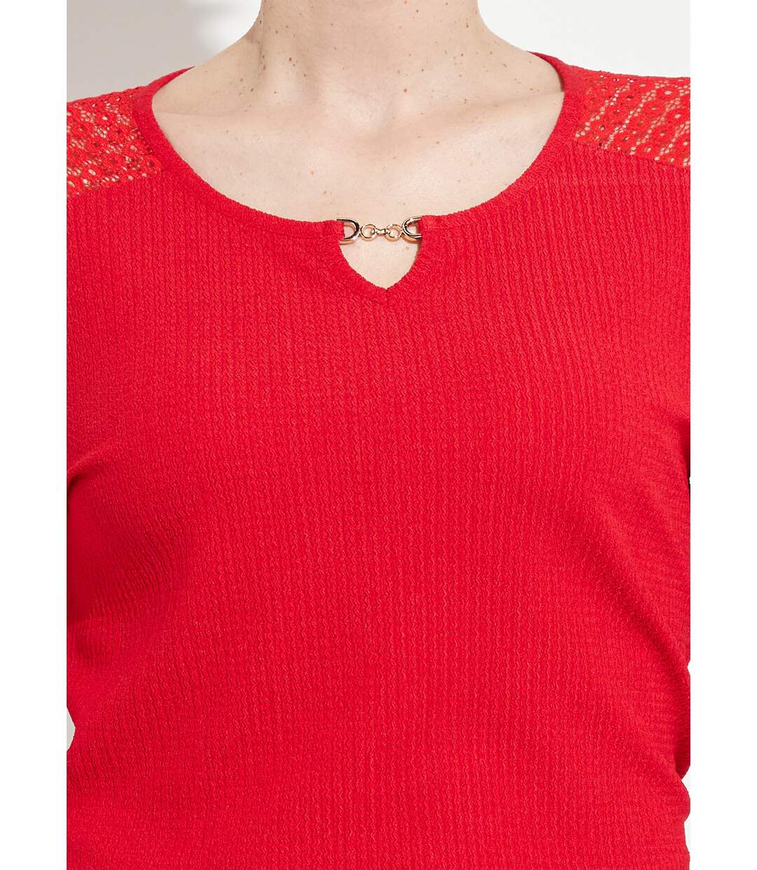 T-shirt maille gaufrée dentelle encolure bijou-3