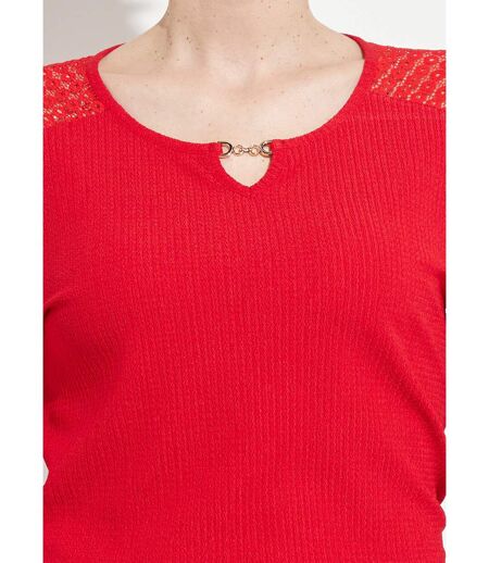 T-shirt maille gaufrée dentelle encolure bijou