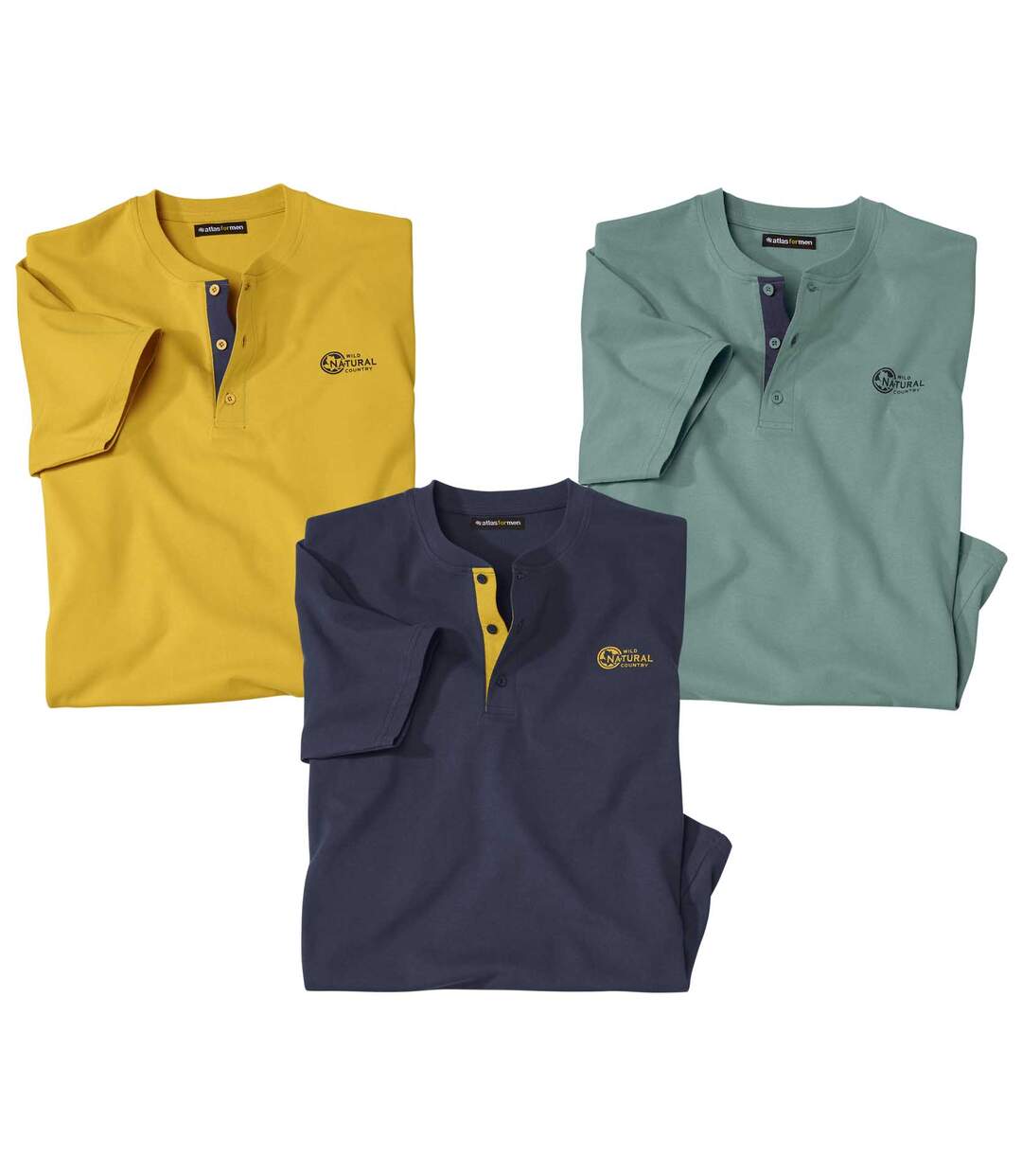 Pack of 3 Men's Henley T-Shirts - Yellow Navy Green Atlas For Men