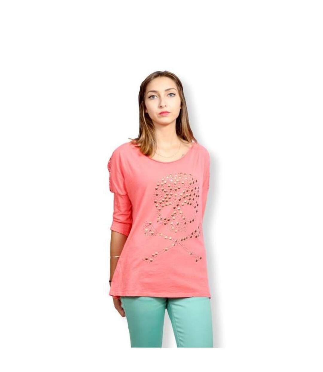 Tee shirt femme manches 3/4 de couleur orange col rond