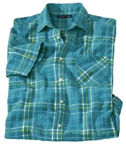 Men's Waffle-Effect Short Sleeve Checked Shirt - Blue