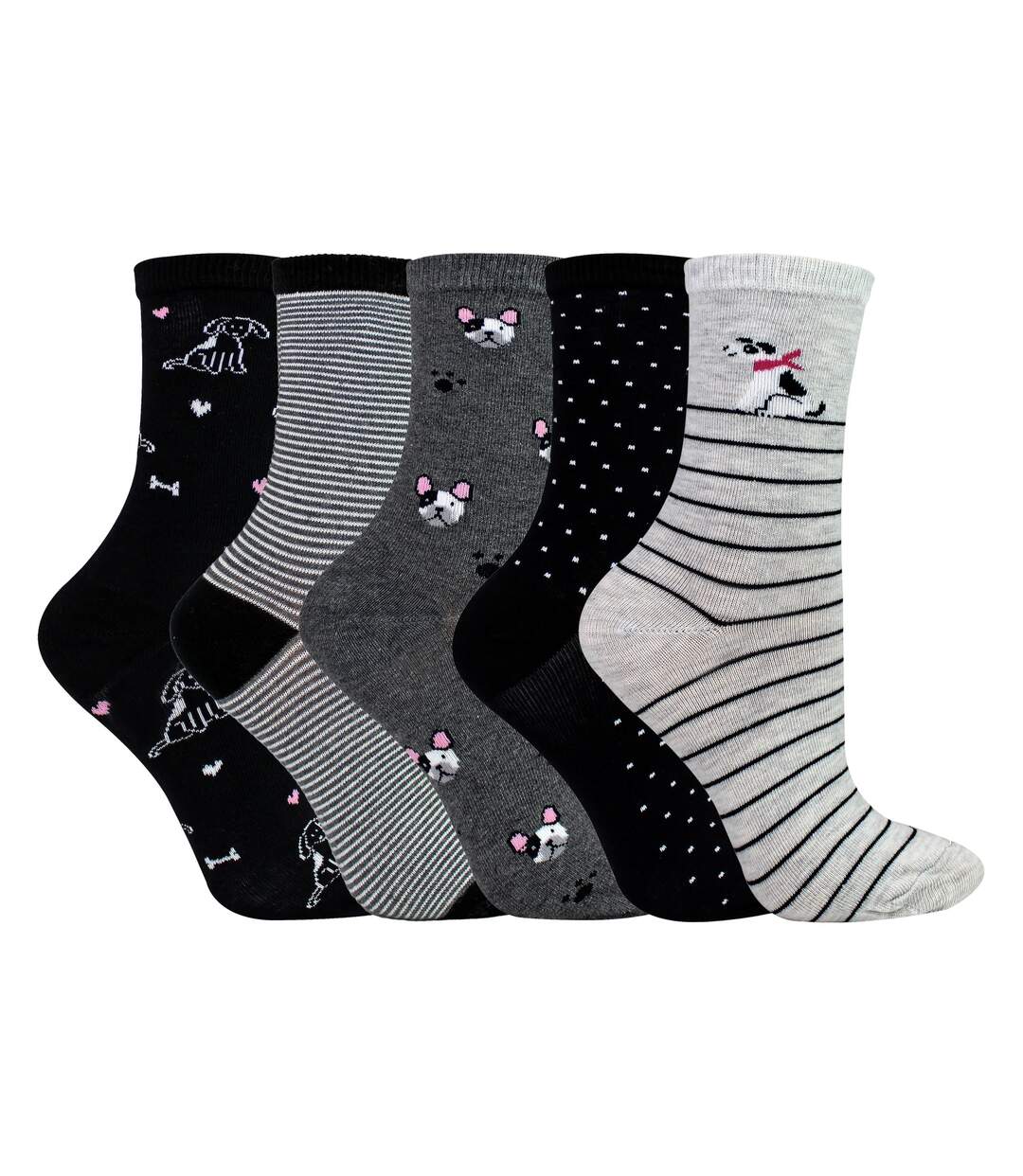 5 Pairs Ladies Dog Patterned Socks - Soft Cotton Rich Fun Dog Design Socks-2