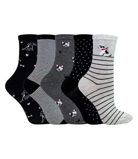 5 Pairs Ladies Dog Patterned Socks - Soft Cotton Rich Fun Dog Design Socks