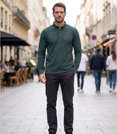 CHALLENGER NATHAN3 — Polo manches longues vert foncé piqué : l'élégance casual au naturel