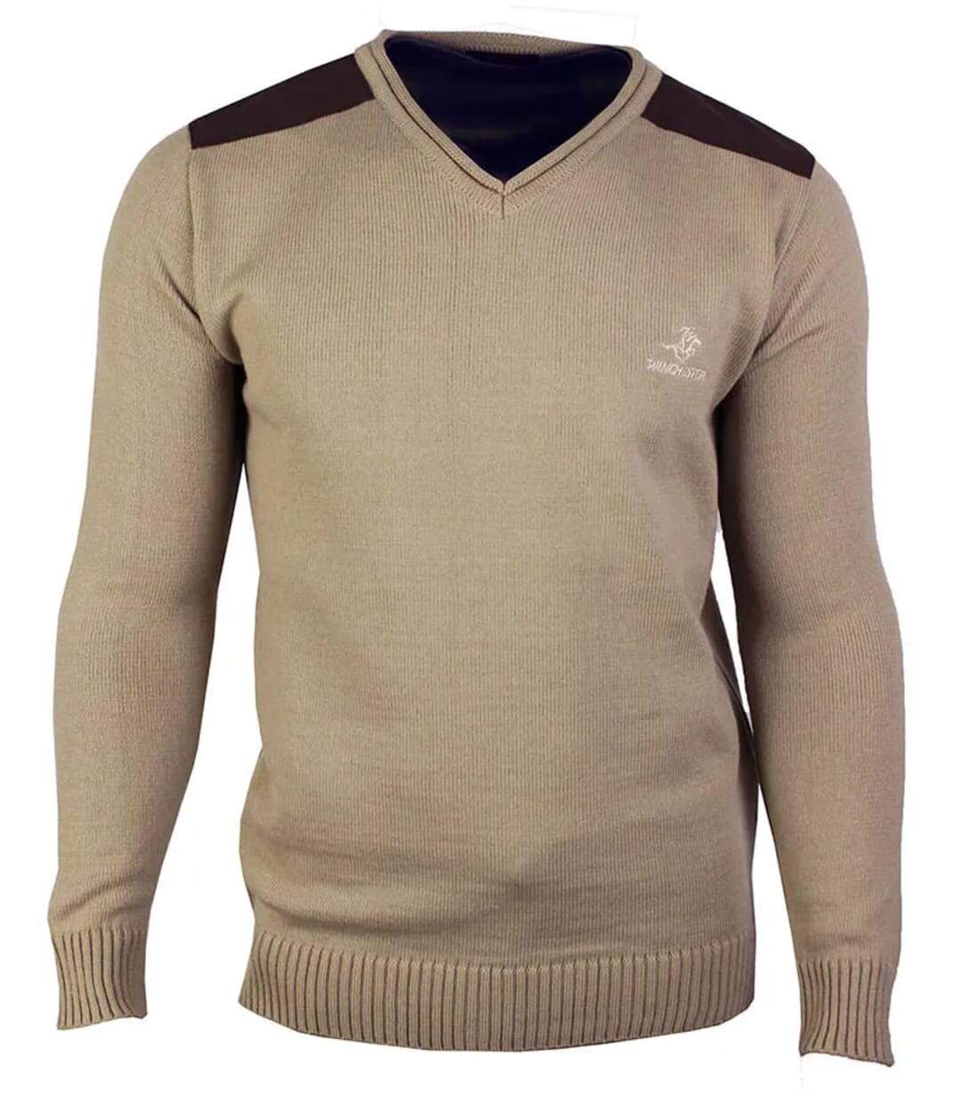 Pull Col V Homme Winchester Panel1 Beige avec Renforts Suédine-2