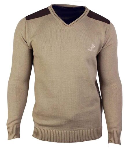 Pull Col V Homme Winchester Panel1 Beige avec Renforts Suédine