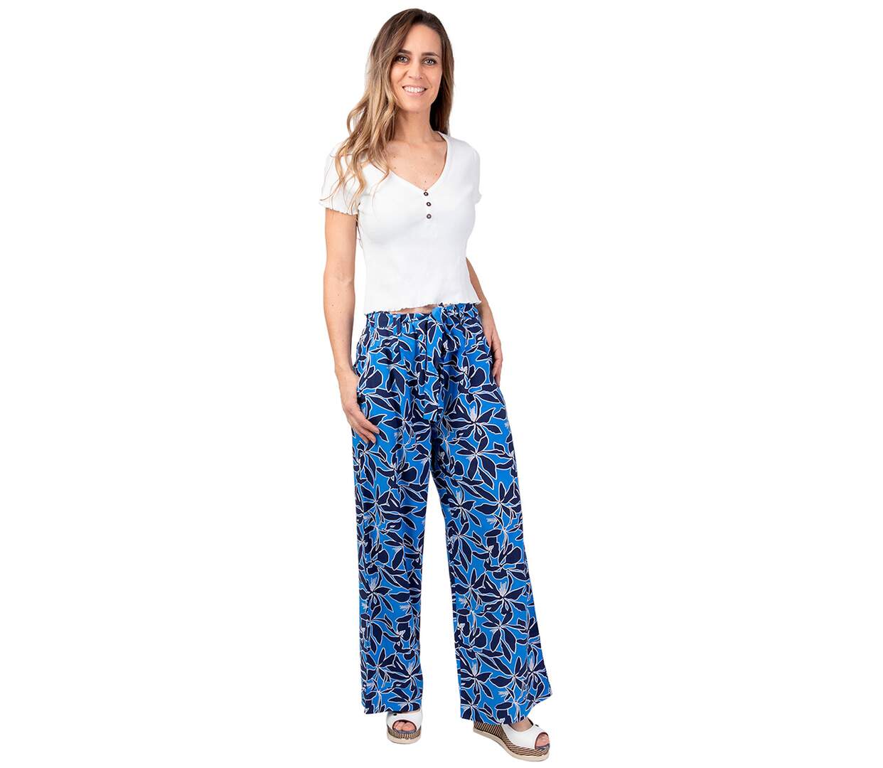 Pantalon été jambes larges MELODY imprimé floral bleu Coton Du Monde-1