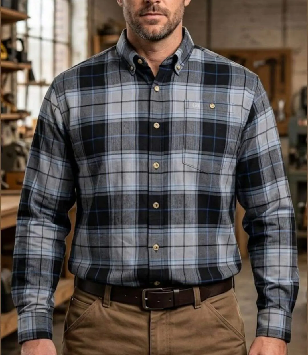 CHALLENGER TRADITION4 — Chemise à carreaux manches longues gris et bleu : l'aisance du tissu extensible-1