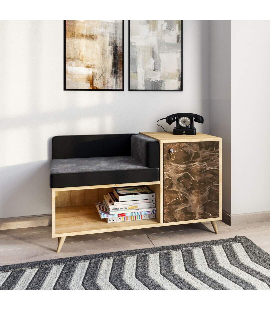 Banc d'entrée design marbré Anzer - L. 100 x H. 60 cm - Marron noix-2