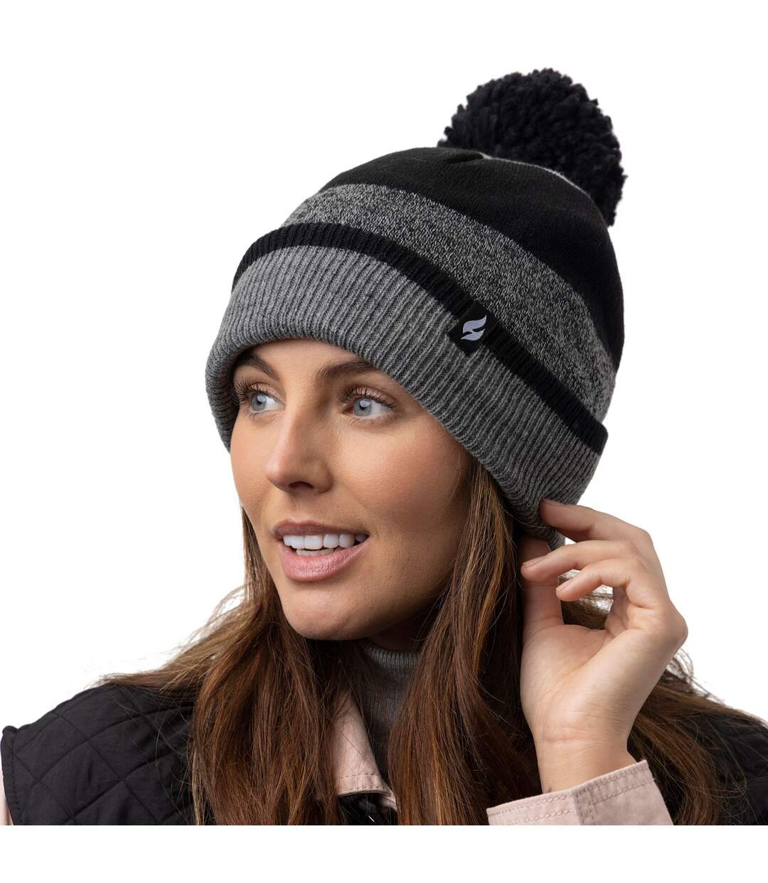 Heat Holders - Bonnet d'hiver à rayures thermiques pour femme avec pompon-4