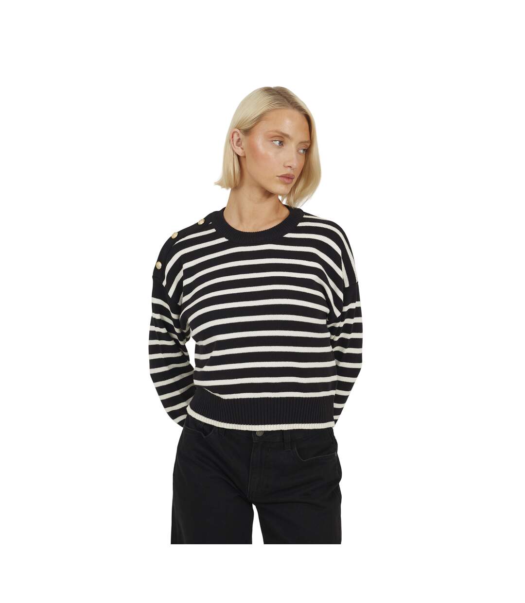 Womens/ladies Stripe Cotton Crew Neck Jumper Black Ivory Brave Soul-1