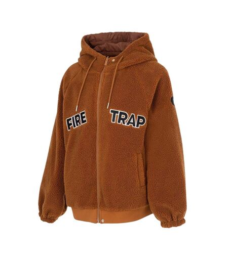 Womens/ladies Teddy Fleece Reversible Jacket Caramel Brown Firetrap