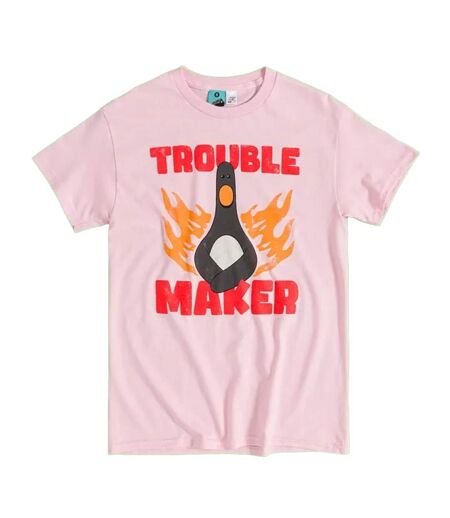 T-shirt Motif Feathers Mcgraw Trouble Maker Adulte Rose Clair Wallace And Gromit