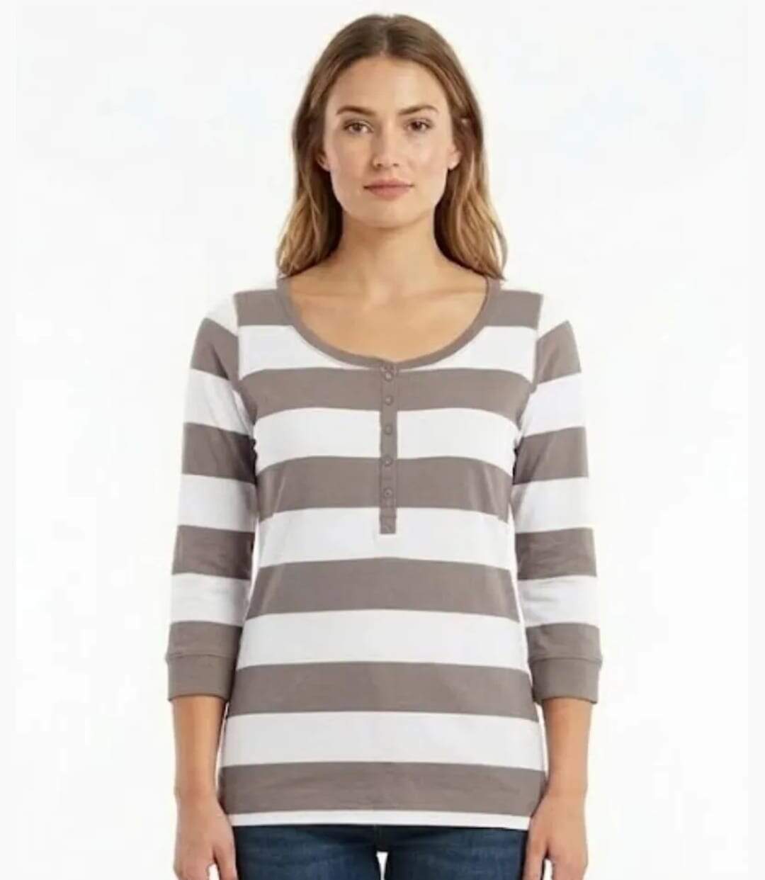 MAYFLOWER DOMINGO1 - Tee-shirt manches 3/4 beige en pur coton avec col boutonné-1