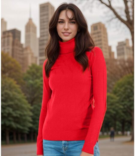 Pull femme manches longues - Col roulé - Couleur rouge