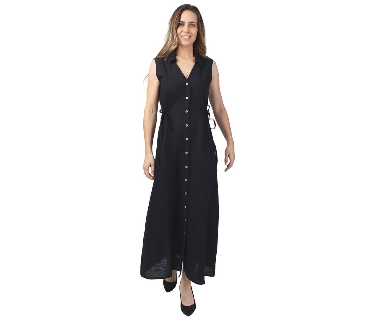 Robe longue féminine col tailleur PAULINE unie noire Coton Du Monde-1