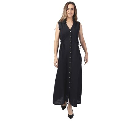 Robe longue féminine col tailleur PAULINE unie noire Coton Du Monde