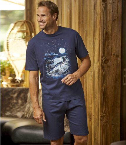 Men's Navy Blue Wolf Print Short Pyjama Set