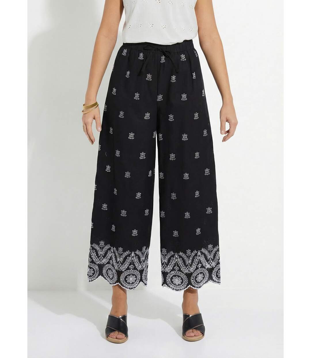 Pantalon large coton brodé taille élastiquée-1
