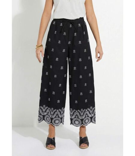Pantalon large coton brodé taille élastiquée