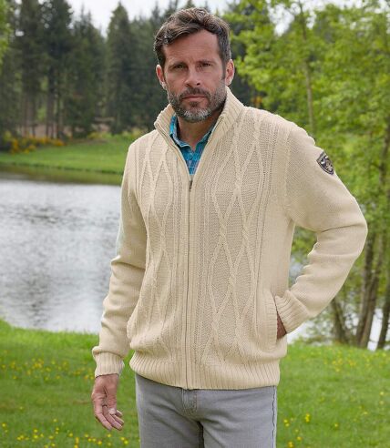 Men's Beige Mottled Knit Jacket - Full-Zip