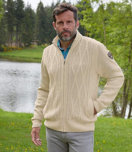 Men's Beige Mottled Knit Jacket - Full-Zip