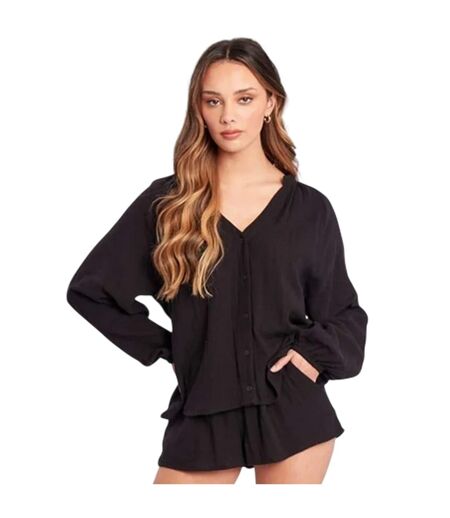 Womens/ladies V Neck Long-sleeved Top & Shorts Set Black Influence