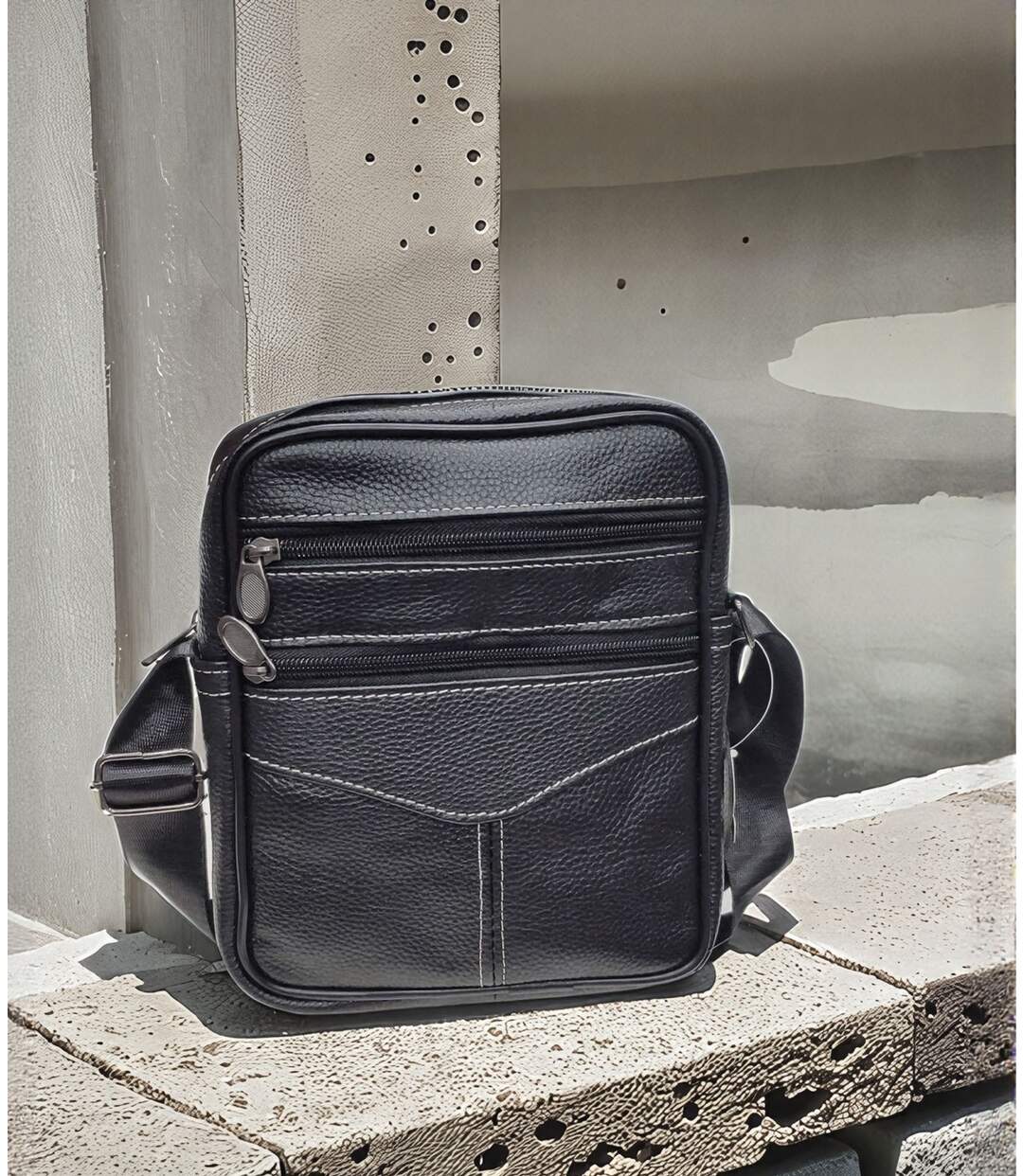 Sacoche bandoulière homme en CUIR - Sacoche multi poches - cuir vachette - Noir-3