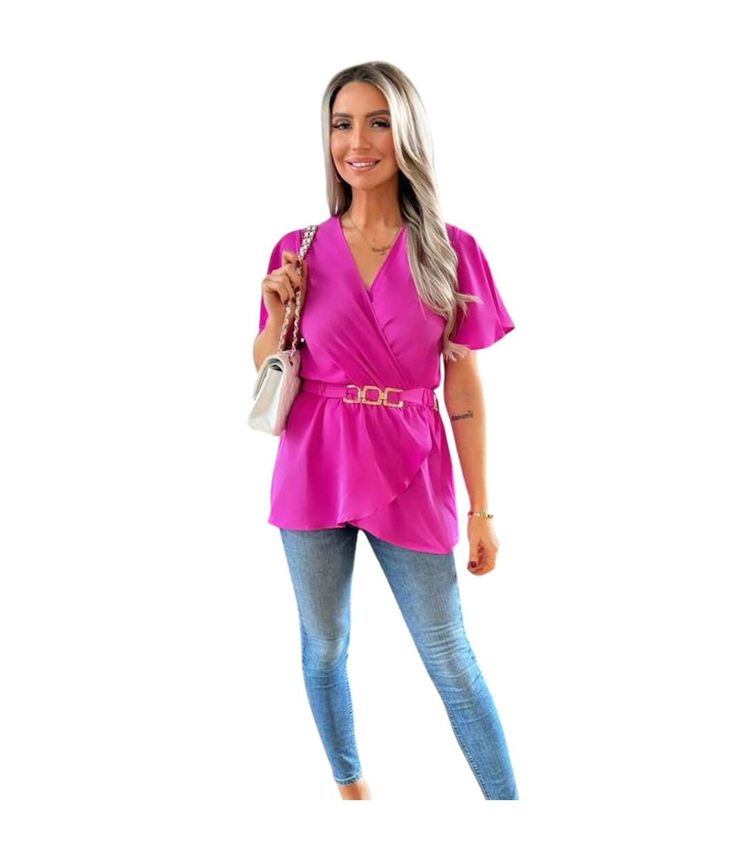 Haut Portefeuille Manches Volantées Femme Rose Vif Ax-1