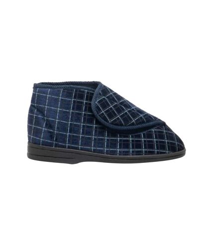 Zedzzz Mens Bertie Check Velour Touch Fastening Bootee Slippers (Navy Blue) - UTDF841