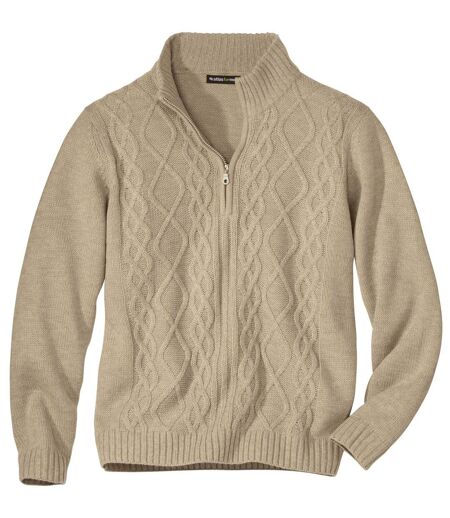 Men's Beige Half Zip Cable Knit Sweater 