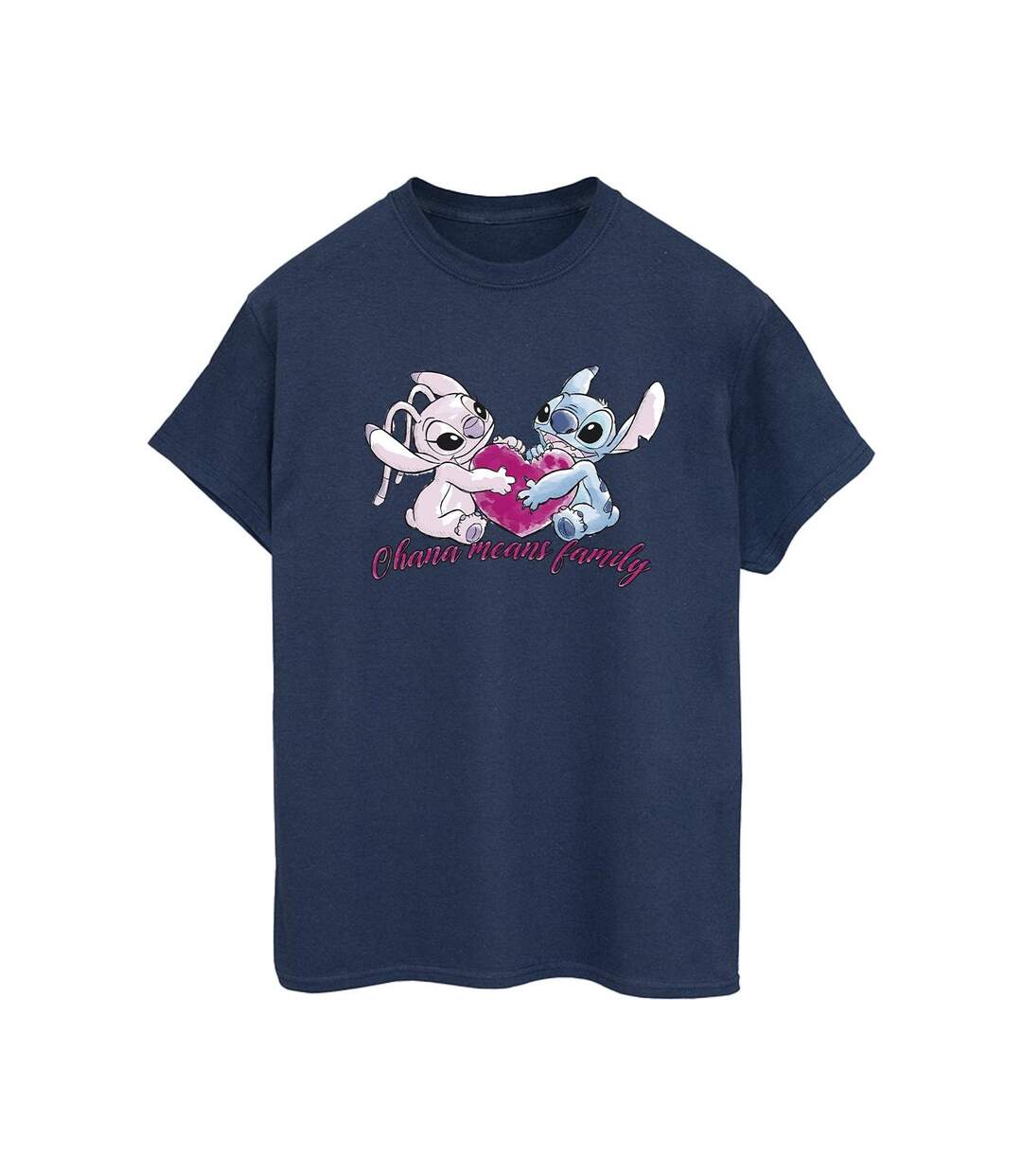 Disney Womens/Ladies Lilo And Stitch Ohana Heart With Angel Cotton Boyfriend T-Shirt (Bleu marine) - UTBI30240-1