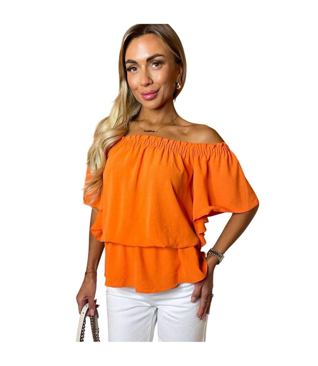 Womens/ladies Ruffle Hem Bardot Top Orange AX Paris-4