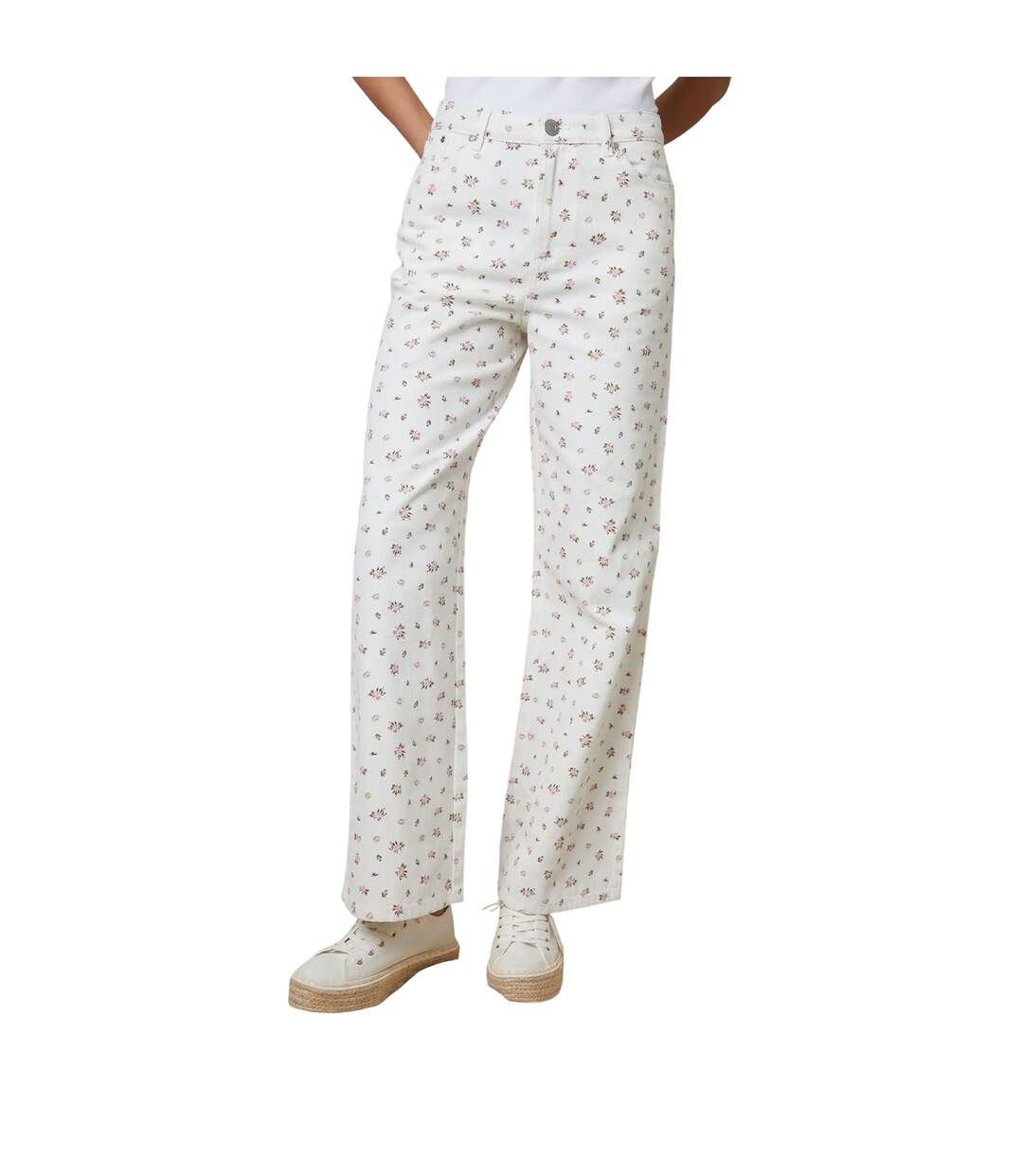 Womens/ladies Soleil Floral Wide Leg Jeans White Threadbare-2