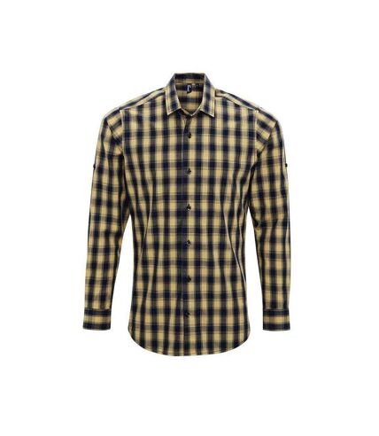 Mens mulligan checked cotton long-sleeved shirt camel/navy Premier