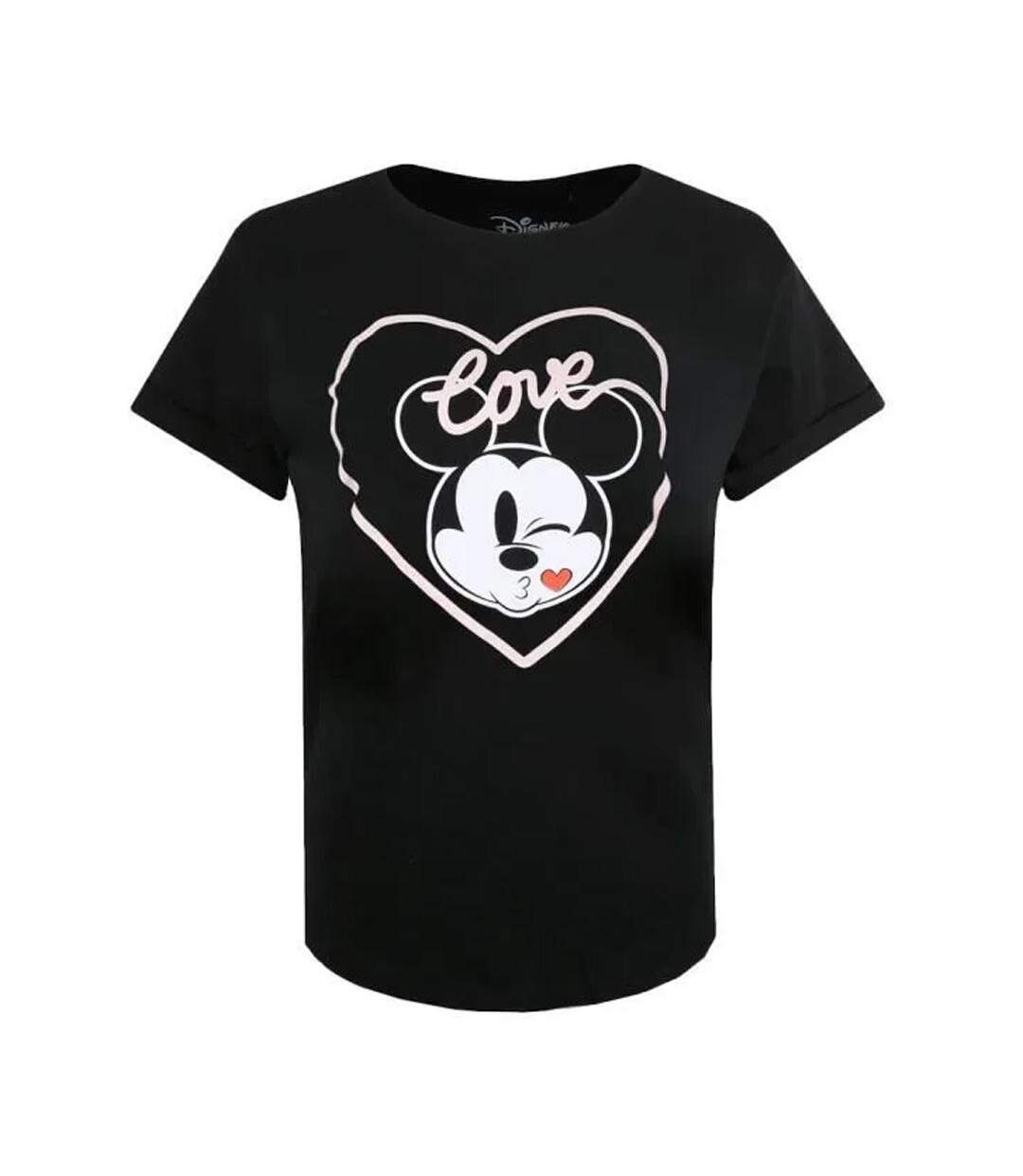T-Shirt noir femme disney  mickey love kiss-1