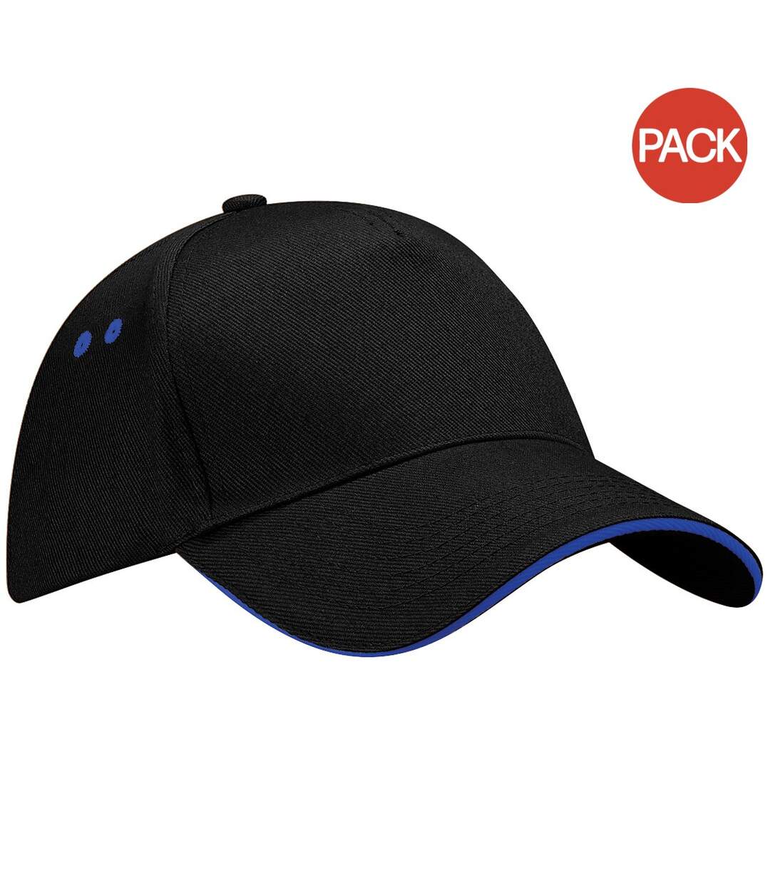 Beechfield Unisex Ultimate 5 Panel Contrast Baseball Cap With Sandwich Peak / Headwear (Pack of 2) (Black/Bright Royal) - UTRW6700-1