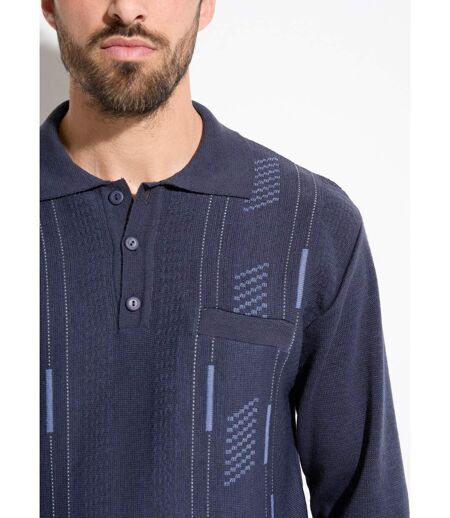 Pull col polo boutonné jacquard manches longues laine