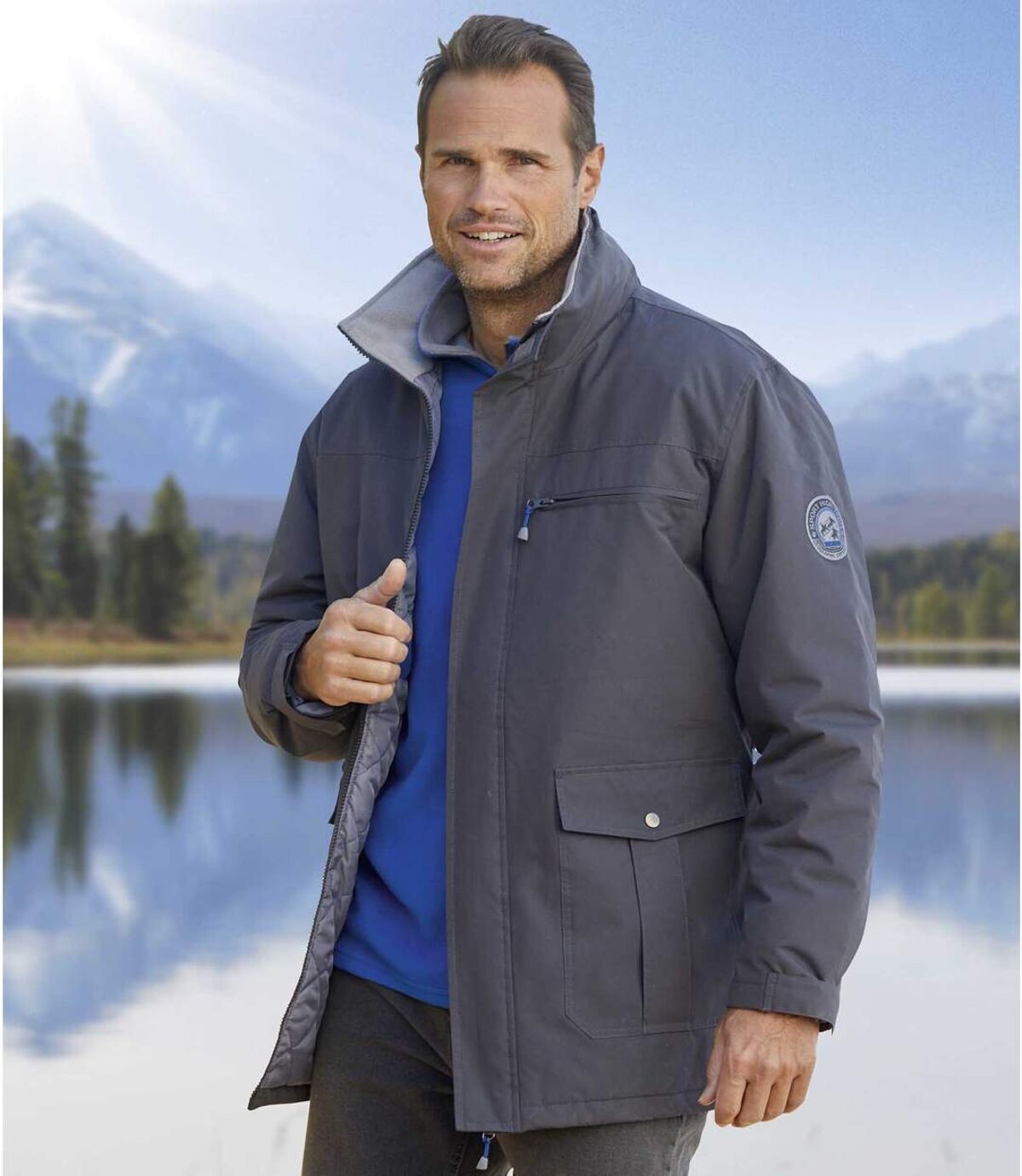 Men's Grey All-Terrain Parka - Foldaway Hood -Water-Repellent - Full Zip Atlas For Men