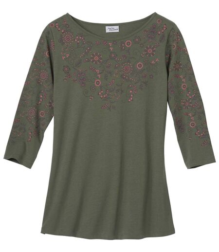 Women's Khaki Floral Top with Boat Neckline