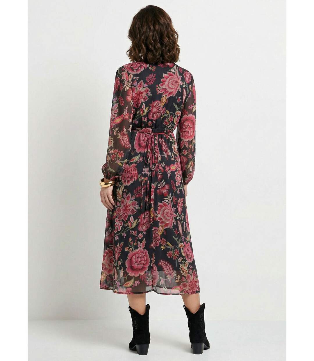 Robe longue cache-coeur volantée voile fleuri-2