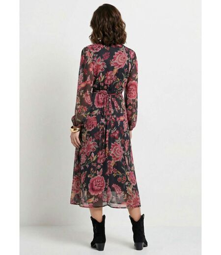 Robe longue cache-coeur volantée voile fleuri
