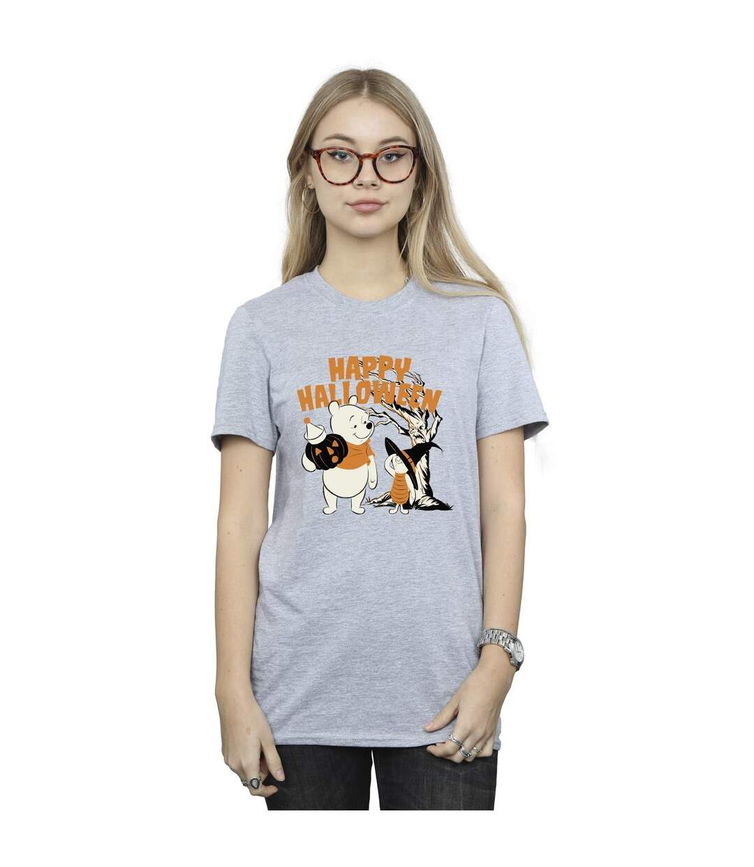 Disney Womens/Ladies Winnie The Pooh And Piglet Happy Halloween Cotton Boyfriend T-Shirt (Gris sportif) - UTBI47444-2