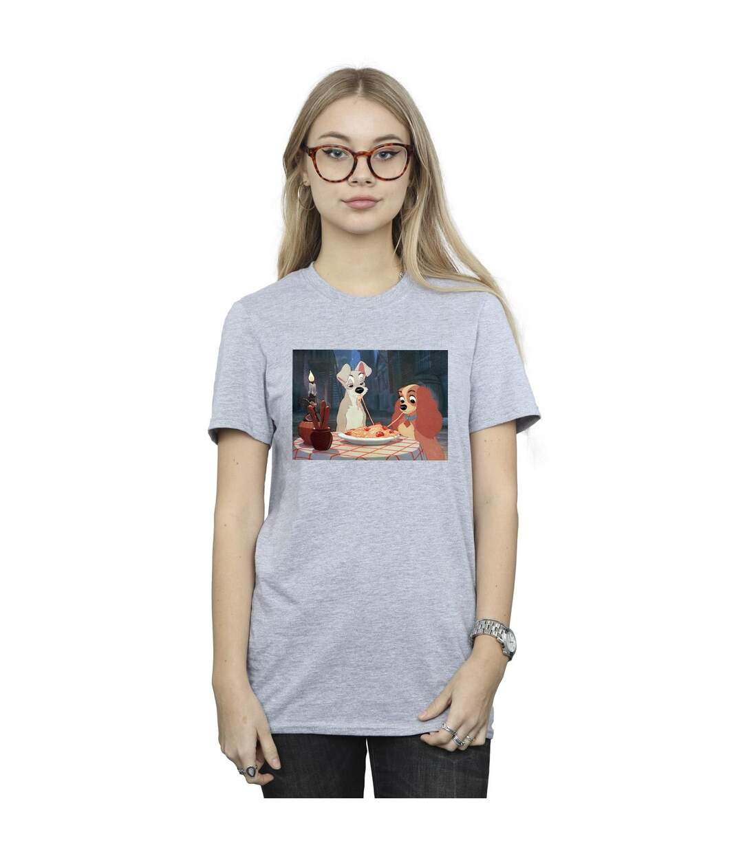 Disney Femme/Ladies Lady And The Tramp Photo Spaghetti Coton Boyfriend T-Shirt (Gris sportif) - UTBI30743-2